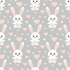 Vector seamless lovely romantic pattern with cute rabbits, hearts, stars on grey background.