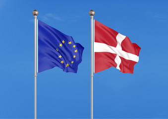European Union vs Denmark. Thick colored silky flags of European Union and Denmark. 3D illustration on sky background. - Illustration