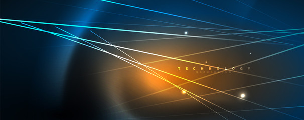 Neon blue glowing lines, magic energy space light concept, abstract background wallpaper design