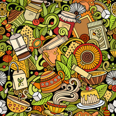 Cartoon cute doodles hand drawn Tea House seamless pattern.