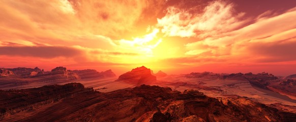 alien landscape, a panorama of a surface of another planet at sunrise, 	