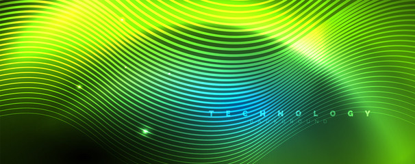 Fototapeta premium Trendy neon blue abstract design with waves and circles. Neon light glowing effect. Abstract digital background.