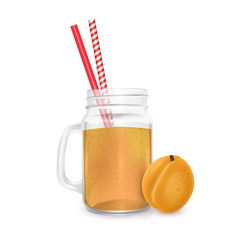 The jar of smoothies of Apricot with striped straw for cocktails isolated on white background for advertising your products drinks in restaurants and cafes. Vector EPS 10 illustration