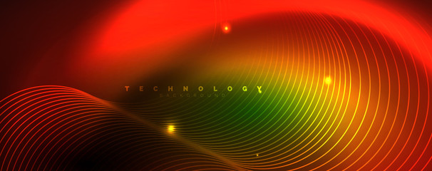 Shiny neon lines template - northern lights glowing blur lines. Futuristic style glow neon 80s disco club or night party techno template