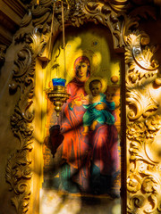 IRKUTSK, RUSSIA - JUNE 16, 2018: Virgin Mary with Baby Jesus painting in the interior of the Church of Our Lady of Kazan.