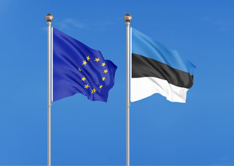European Union vs Estonia. Thick colored silky flags of European Union and Estonia. 3D illustration on sky background. - Illustration