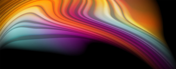Abstract wave lines fluid rainbow style color stripes on black background. Artistic illustration for presentation, app wallpaper, banner or poster