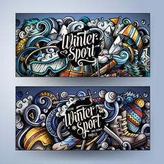 Winter sport hand drawn doodle banners set. Cartoon detailed flyers.