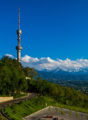 Obraz premium ALMATY, KAZAKHSTAN - JUNE 18, 2018: Aerial view over the city from Kok-Tobe Hill.