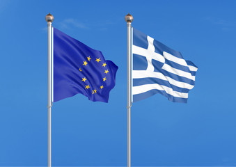 European Union vs Greece. Thick colored silky flags of European Union and Greece. 3D illustration on sky background. - Illustration