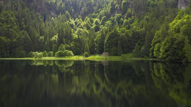 Aerial on mountain lake and green forest trees. Forest reflection in the water. Beautiful aerial landscape with lake and forest.Drone shot over a beautiful mountain forest lake.Magical atmosphere