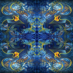 Symmetric abstract pattern in blue with orange elements. Oil painting on canvas. Handwork.