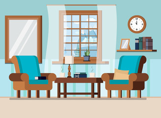 Cozy home living room interior background scene with window with winter landscape in cartoon flat style.