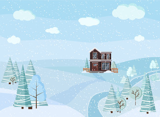 Winter landscape scene with country two storey farm house, winter trees, spruces, clouds, river, snow, fields