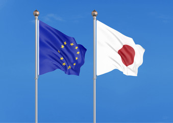 European Union vs Japan. Thick colored silky flags of European Union and Japan