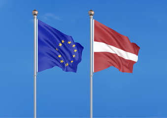 European Union vs Latvia. Thick colored silky flags of European Union and Latvia. 3D illustration on sky background. - Illustration