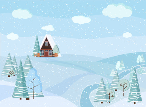 Winter snowy landscape nature scene with a frame house, fences, winter trees, spruces, clouds, river, fields