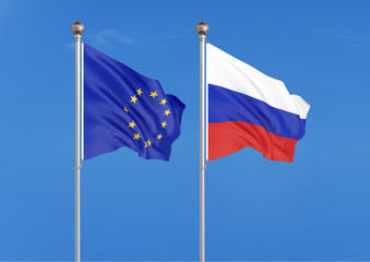 European Union vs Russia. Thick colored silky flags of European Union and Russia