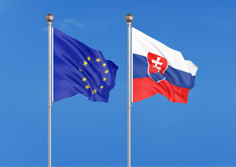 European Union vs Slovakia. Thick colored silky flags of European Union and Slovakia. 3D illustration on sky background. - Illustration