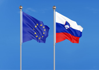 European Union vs Slovenia. Thick colored silky flags of European Union and Slovenia. 3D illustration on sky background. - Illustration