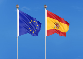 European Union vs Spain. Thick colored silky flags of European Union and Spain. 3D illustration on sky background. - Illustration