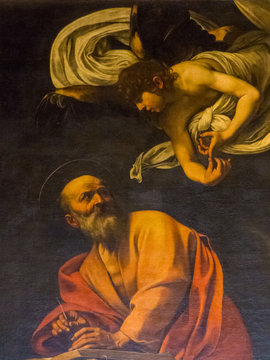 The Inspiration of St. Matthew (Italian: San Matteo e l'Angelo) by Caravaggio in the Contarelli Chapel, San Luigi dei Francesi church, Rome, Italy 