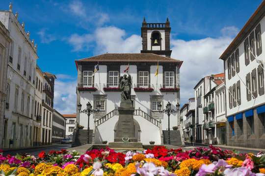 Ponta Delgada City Hall. Beautiful baroque building.with a bell tower in the capital of the Azores. Portugal, Sao Miguel.
