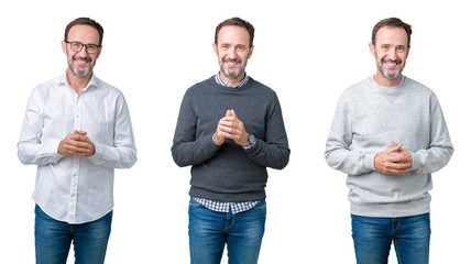 Collage of handsome senior man over white isolated background Hands together and fingers crossed smiling relaxed and cheerful. Success and optimistic