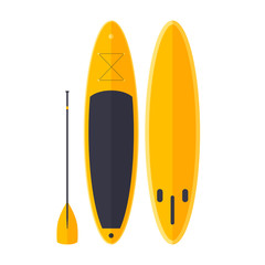 Cartoon yellow surfer with paddle. SUP for skating on ocean waves. Active kinds of rest. Vector illustration.