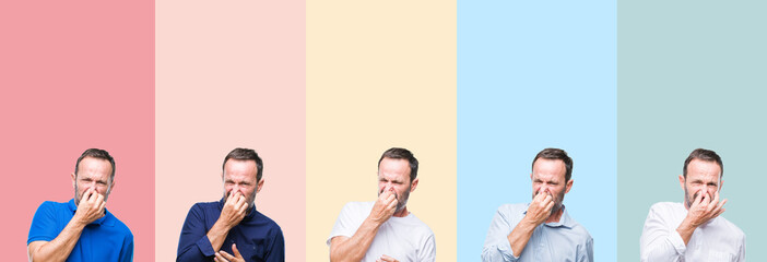Collage of senior hoary handsome man over colorful stripes isolated background smelling something stinky and disgusting, intolerable smell, holding breath with fingers on nose. Bad smells concept.