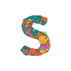 Colorful Floral Ornamental Alphabet, Initial Letter S Font. Vector Typography Symbol. Multicolored Poster for Adults. Isolated Ornament Design for Book Covers