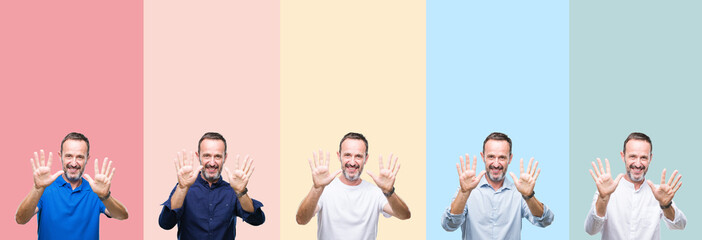 Collage of senior hoary handsome man over colorful stripes isolated background showing and pointing up with fingers number ten while smiling confident and happy.