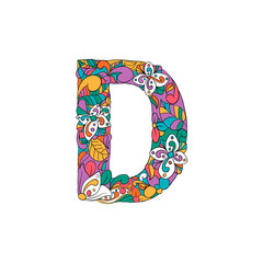 Colorful Floral Ornamental Alphabet, Initial Letter D Font. Vector Typography Symbol. Multicolored Poster for Adults. Isolated Ornament Design for Book Covers