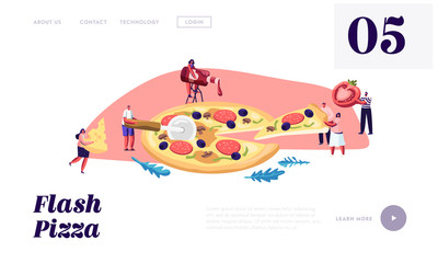 Pizzeria Bistro Website Landing Page, Tiny People Eating Huge Pizza, Cut with Knife, Put Ketchup and Cheese, Italian Food. Fast Food, Cafe, Visitors, Web Page. Cartoon Flat Vector Illustration, Banner