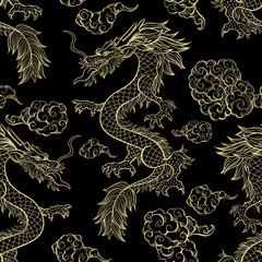 Oriental dragon flying in clouds seamless pattern. Traditional Chinese mythological animal hand drawn illustration. Golden festival serpent on red background. Wrapping paper, wallpaper, textile design - 277105166