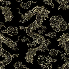 Fotobehang Oriental dragon flying in clouds seamless pattern. Traditional Chinese mythological animal hand drawn illustration. Golden festival serpent on red background. Wrapping paper, wallpaper, textile design © ilonitta