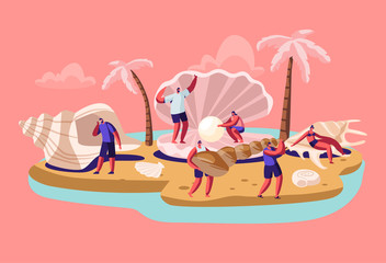 Happy Tourists Man and Woman Stand at Huge Seashell with Beautiful Pearl on Tropical Island Beach with Palm Trees. Summer Vacation, Holidays, Trip, Adventure Cartoon Flat Vector Illustration