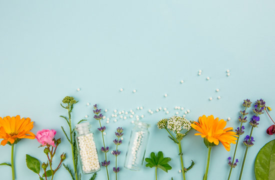 Flat lay view homeopathic medicine pills in jars and spilled around on light blue background, decorated with fresh various herbs and plants, flowers. Homeopathy border background, lot of copy space.