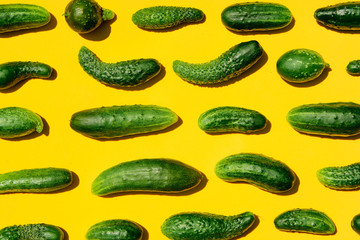 Different sizes forms cucumbers pattern on a light yellow background. Copy space. Cucumbers background close-up. Top view. Cucumber harvest. Cucumbers texture wallpaper. Farming, harvesting concept.