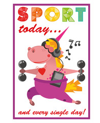 funny and happy colored cartoon style unicorn doing sports