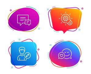 Cogwheel, Comment and Edit person icons simple set. Dating sign. Idea bulb, Talk bubbles, Change user info. Love messenger. Business set. Speech bubble cogwheel icon. Colorful banners design set