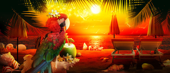 Papagei mit Cocktail im Urlaub am Strand © Thaut Images