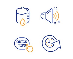 Quick tips, Drop counter and Loud sound icons simple set. Update time sign. Helpful tricks, Medical equipment, Music. Refresh watch. Business set. Linear quick tips icon. Colorful design set. Vector