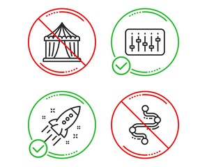 Do or Stop. Dj controller, Startup rocket and Circus tent icons simple set. Timeline sign. Musical device, Business innovation, Attraction park. Journey path. Business set. Line dj controller do icon