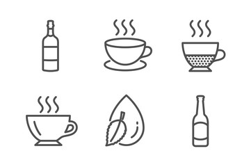 Doppio, Brandy bottle and Cappuccino icons simple set. Coffee, Water drop and Beer signs. Coffee drink, Whiskey. Food and drink set. Line doppio icon. Editable stroke. Vector