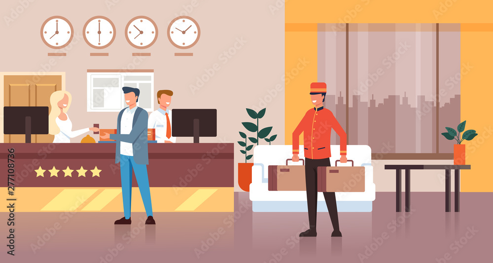 Wall mural porter man character carry guest bags. hotel reception concept. vector flat graphic design isolated 