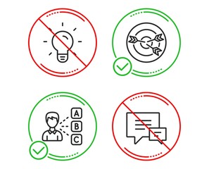 Do or Stop. Light bulb, Targeting and Opinion icons simple set. Comment sign. Lamp energy, Target with arrows, Choose answer. Talk bubbles. Education set. Line light bulb do icon. Prohibited ban stop