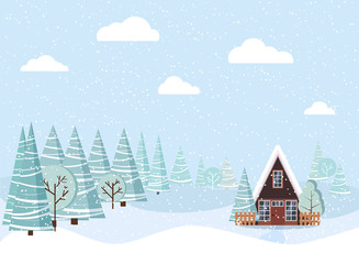 Winter landscape with country house, winter trees, spruces, clouds, snow in cartoon flat style.