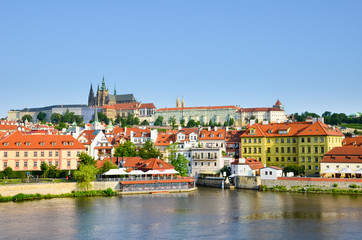 Stunning skyline of Prague, Czech Republic with dominant Prague Castle. The historical center of the Czech capital is located along river Vltava. Sunny day, clear sky. Beautiful Czechia