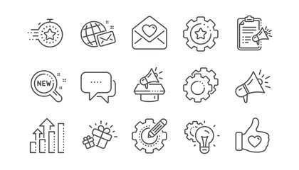 Brand social project line icons. Business strategy, Megaphone and Representative. Influence campaign, social media marketing, brand ambassador icons. Linear set. Vector